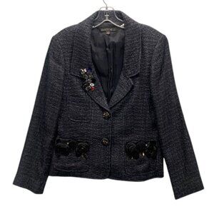 Lafayette 148 New York Tweed Blazer Womens Size 8 Navy Beaded Snap Button Jacket